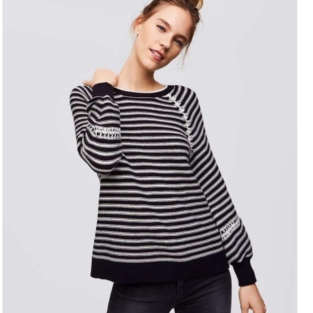 Ann Taylor LOFT 100% Cotton Sweater Black White Whipstitch Raglan Womens Small